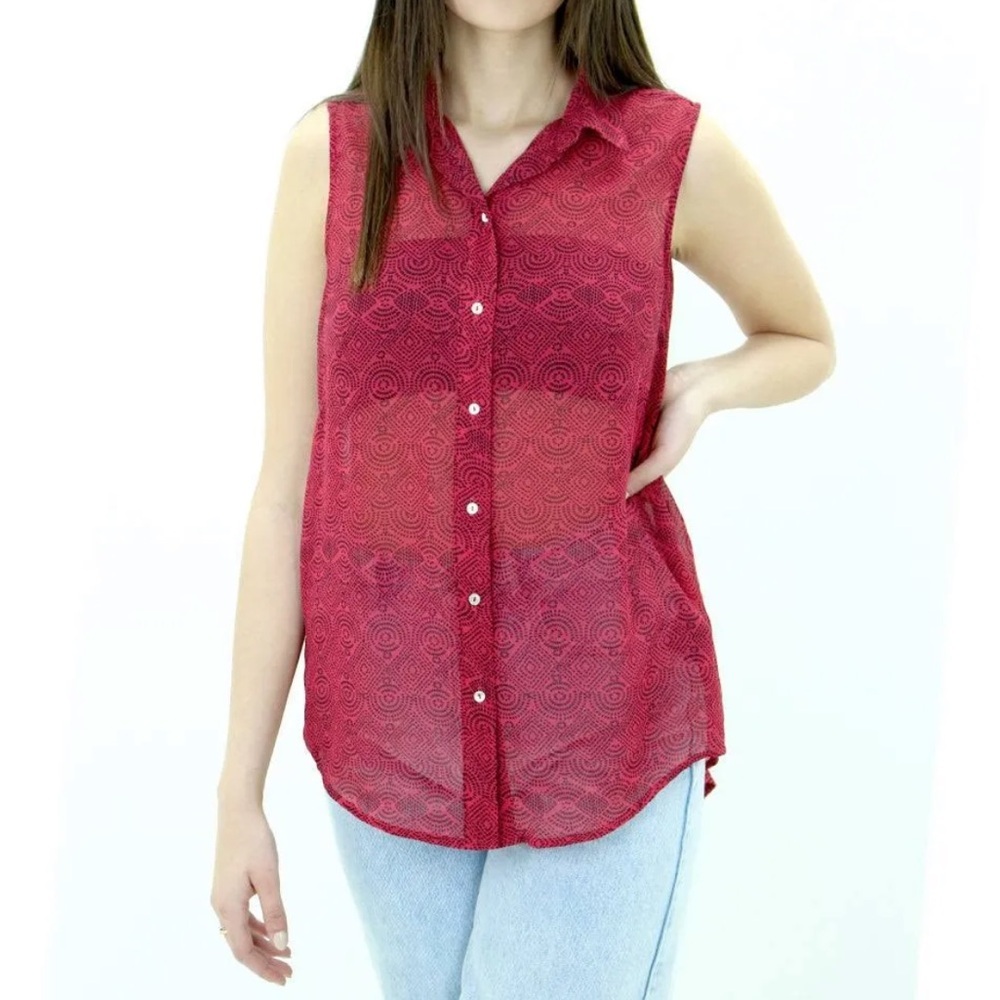 H&M Bohemian Red Patterned Button Down Sleeveless Collared Shirt